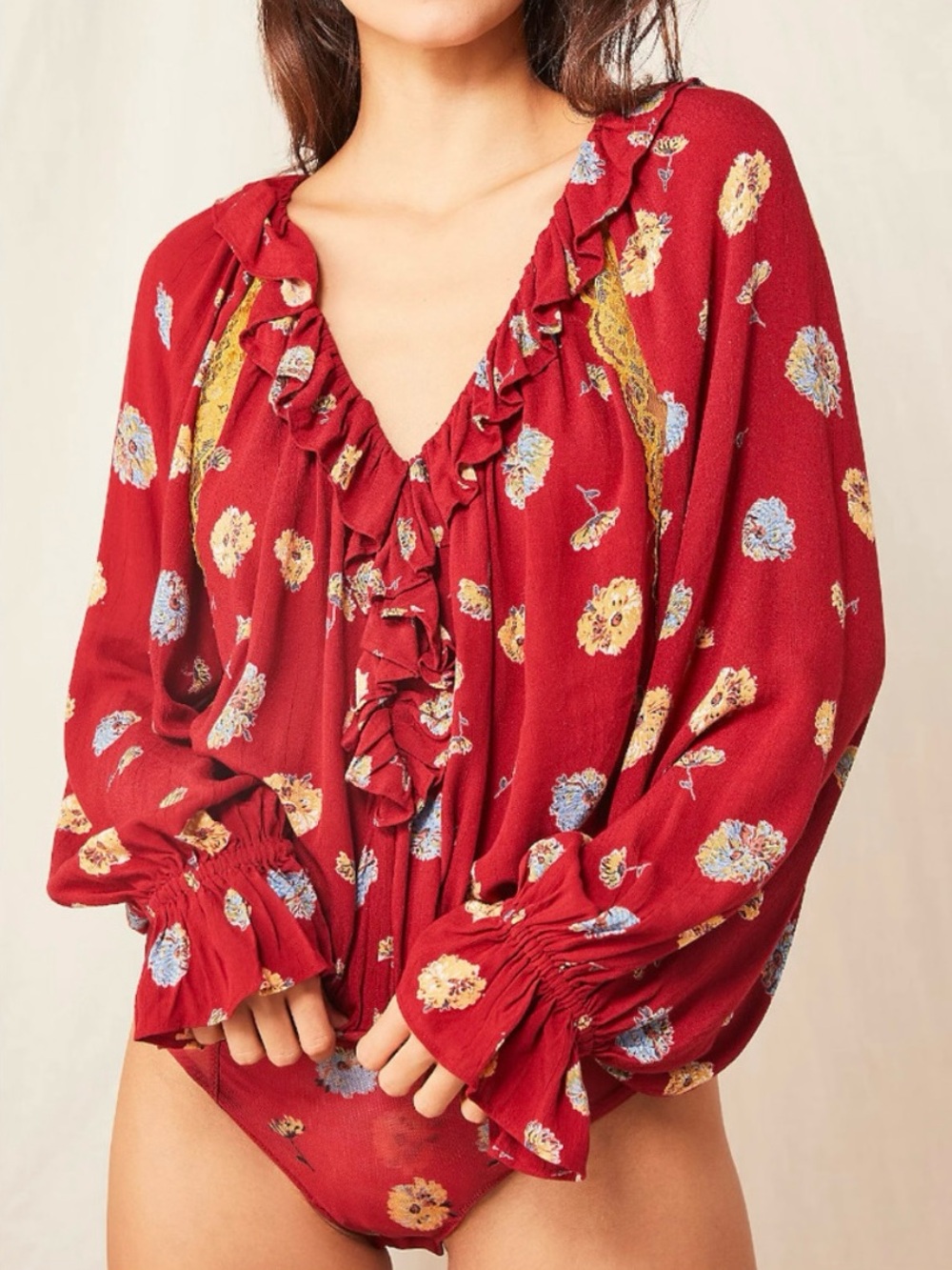 Free People Intimately Poppy Printed Ruffle Accent Long Sleeve Bodysuit